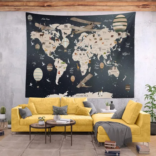 Miniatura 3 de BELECO Tapiz de mapa del mundo para colgar en la pared, diseño de animales de dibujos animados, 60 x 40 pulgadas, diseño vintage de aviones