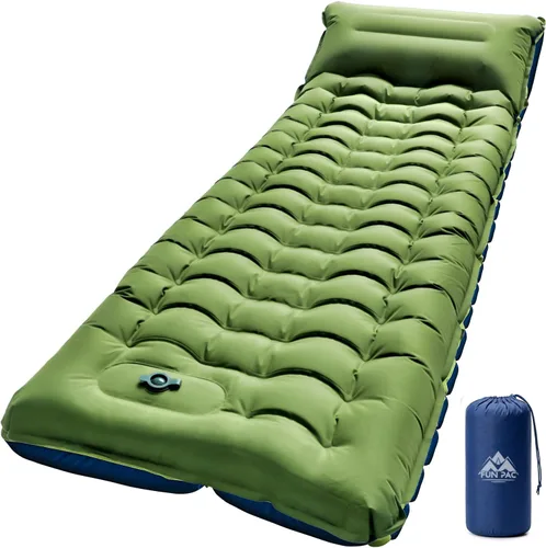 Miniatura 11 de FUN PAC Colchoneta de dormir para camping, ultraligera con almohada, bomba de pie integrada, almohadillas inflables compactas para acampar, Verde