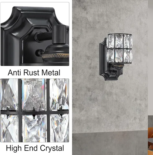 Miniatura 4 de Paquete de 2 lámparas de pared de cristal con acabado negro, lámpara de pared de estilo moderno y conciso, pantalla de cristal poliédrico para baño