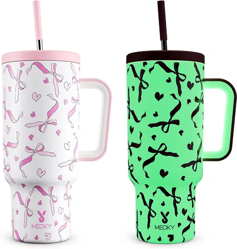Miniatura 10 de Meoky Vaso de 40 onzas que brilla en la oscuridad con asa y popote, vaso con tapa y pajita, vaso aislado de acero inoxidable para viaje, 100% a