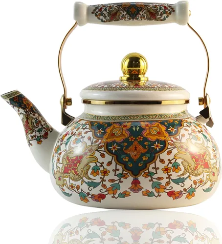 Hervidor de té esmaltado floral, tetera vintage dorada y beige, tetera colorida bohemia de agua caliente, tetera de 2.5 litros de porcelana con
