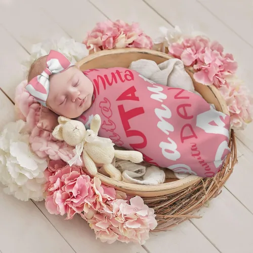 Miniatura 2 de Juego de manta personalizada para bebé con diadema acogedora y sombrero para niñas y niños recién nacidos, manta personalizada con nombre de bebé
