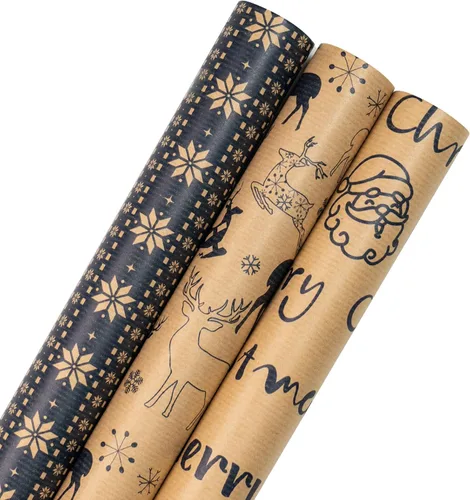 Miniatura 7 de RUSPEPA - Rollos de papel de regalo de Navidad - Mini rollo - 17 pulgadas x 10 pies por rollo, total de 3 rollos - Diseño de renos y copos de nieve