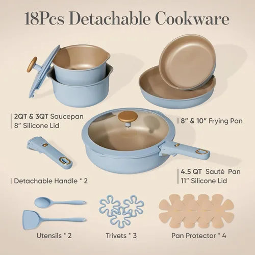 Miniatura 3 de CAROTE Juego de ollas y sartenes de titanio, juego de utensilios de cocina antiadherentes, mango desmontable, utensilios de cocina de inducción Azul