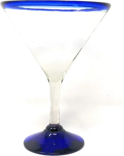 Miniatura 5 de Juego de 4 vasos de Margarita modernos soplados a mano con borde azul (12 onzas)