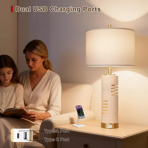 Miniatura 4 de KIVDITZO Juego de 2 lámparas de mesa de piedra sintética de 27.5 pulgadas, lámparas para sala de estar con luz nocturna, puertos USB A+C, modernas