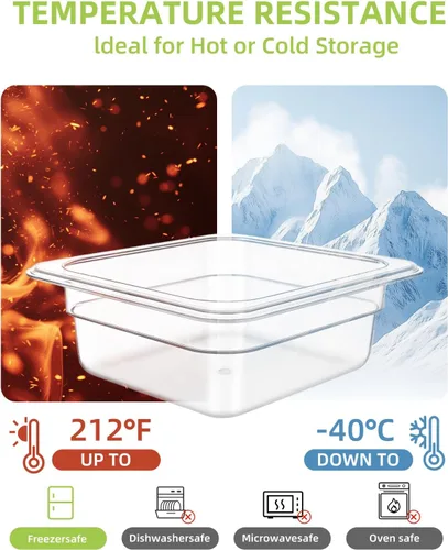 Miniatura 6 de Paquete de 6 bandejas para alimentos con tapas, tamaño 1/6 irrompible, apilable, de plástico, para fiestas, catering, cocinas caseras, preparación