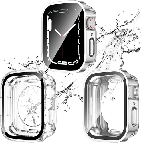 Miniatura 24 de 2 Pack 2 en 1 Funda impermeable para Apple Watch Series 8 7 de 41 mm, Parachoques frontal y trasero de PC de borde recto con protector de pantalla