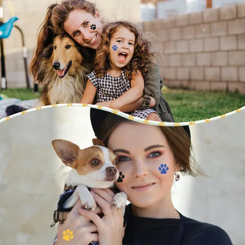 Miniatura 6 de 30 hojas de 240 tatuajes temporales con purpurina de pata de perro, tatuajes faciales con estampado de patas, tatuajes corporales de pata de perro