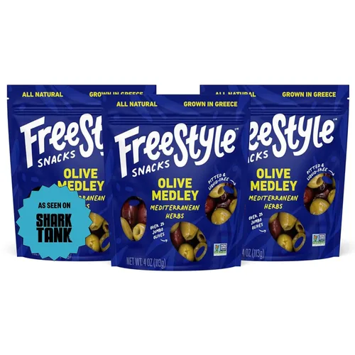 Freestyle Snacks Paquetes de Aperitivos de Oliva - Como se ve en Shark Tank - Olivas verdes y Kalamata frescas sin hueso, tamaño jumbo, cultivadas