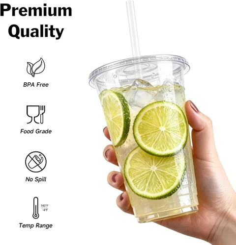 Miniatura 3 de Paquete de 100 vasos de 16 onzas con tapas y pajitas, vasos de plástico desechables con tapas, sin BPA, perfectos para café helado, frappes, batidos