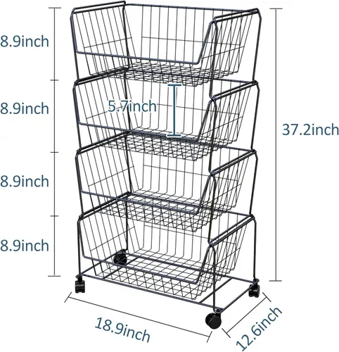 Miniatura 4 de PUSDON Cestas de almacenamiento de metal apilables de 4 niveles, estante antióxido para frutas y verduras, estante de doble uso para cocina, hogar