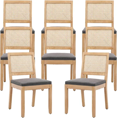 Miniatura 80 de Juego de 2 sillas de comedor de campo francés, sillas de comedor de madera de granja beige, silla de comedor con respaldo tejido con cojín tapizado