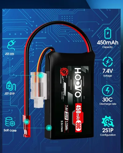 Miniatura 2 de HOOVO Paquete de batería de 7.4V 30C 450mAh con enchufe JST (2 paquetes)+7.4V 60C 1500mAh Lipo batería con enchufe T (2 paquetes)