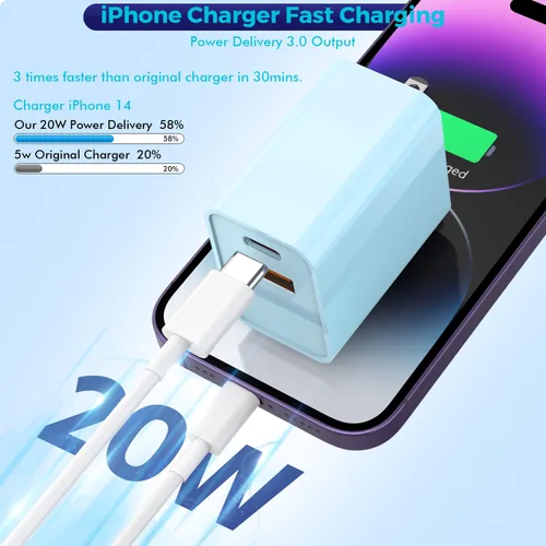 Miniatura 2 de Bloque de carga para iPhone 16/15, bloque de carga USB C [paquete de 2] 20 W de doble puerto PD rápido USB C adaptador de cargador de pared USB A