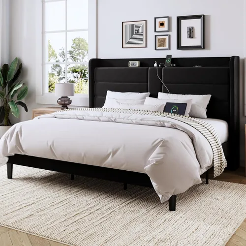Miniatura 14 de Allewie Base de cama de plataforma tamaño Queen con estación de carga y cabecera de almacenamiento, diseño tapizado de terciopelo con respaldo