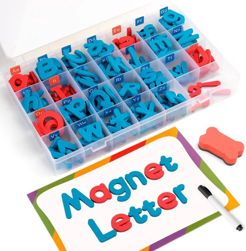 Coogam Letras magnéticas de 251 piezas con tablero magnético y caja de almacenamiento – Alfabeto de espuma en mayúsculas y minúsculas ABC imanes