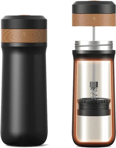 Cafetera portátil de prensa francesa, cafetera francesa de viaje, taza de café de acero inoxidable de 12 onzas, filtro de doble malla, ideal para