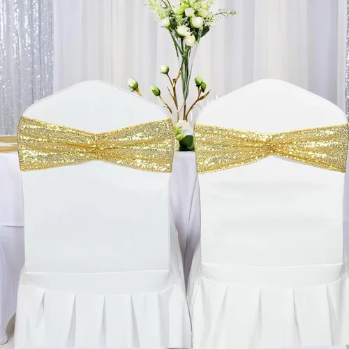 Miniatura 7 de SquarPie - Paquete de 50 bandas para silla, de elastano elástico dorado, lazos de lentejuelas unilaterales para decoración de bodas, fiestas