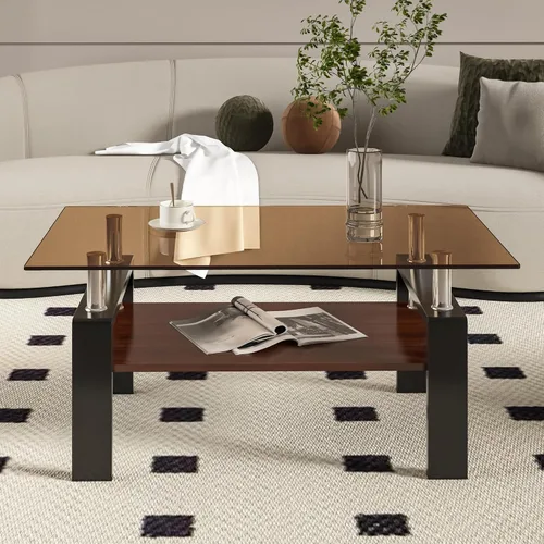 Miniatura 22 de Mesa de centro rectangular de vidrio para sala de estar, con mesa de vidrio templado y capa de MDF, para sala de estar y oficina