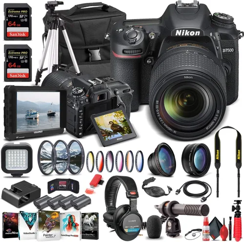 Nikon Cámara D7500 DSLR con lente de 0.709-5.512 in (1582) + monitor 4K + auriculares Pro + Pro Mic + 2 tarjetas de memoria de 64 GB + funda +
