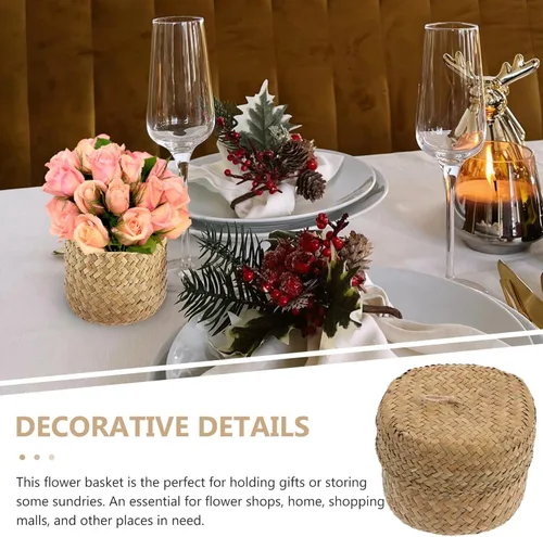 Miniatura 8 de Zerodeko Cesta de pastos marinos con tapa, cesta de flores tejida a mano con tapa, estante de mimbre, caja de almacenamiento pequeña, caja de regalo