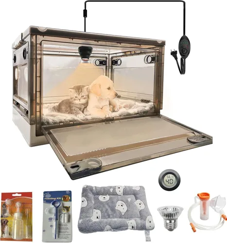 Incubadora para cachorros con calefacción, gran criador, incubadora de gatitos para cachorros con alfombrilla de cama para mascotas, alimentador de