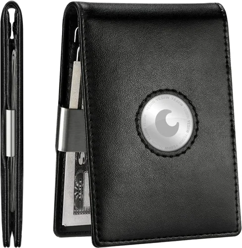 YESIIW Billetera AirTag para hombre, con bloqueo RFID, delgada, plegable, de cuero, con soporte para AirTag, tarjetero, 028- Negro, Minimalista