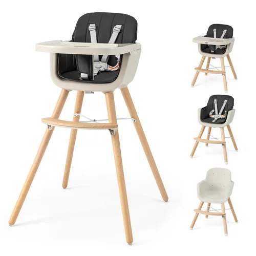 HONEY JOY Silla alta para bebé, silla alta 6 en 1 de madera Eat & Grow con bandeja extraíble, arnés de 5 puntos, cojín de poliuretano y reposapiés,