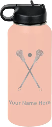 Miniatura 72 de LaserGram Botella de agua personalizada, palitos de lacrosse, acero inoxidable de doble pared aislada al vacío con popote superior, regalo grabado