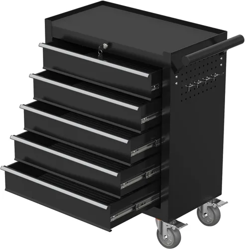 Caja de herramientas con ruedas de 5 cajones, armario de almacenamiento de herramientas de metal con cerradura y llaves y giratorio, caja de