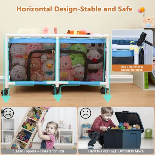 Miniatura 5 de FIOBEE Caja de juguetes para niñas y niños con malla transparente y ruedas giratorias de 360°, cofre organizador de juguetes, fácil instalación