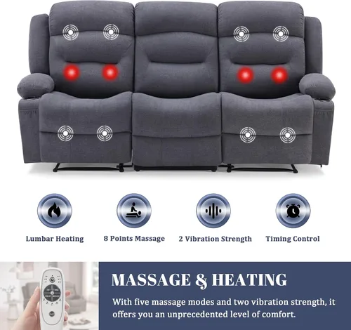 Miniatura 4 de Weture Sofá reclinable extra grande con calor y masaje, sofá reclinable de pared con portavasos y puerto USB, sofá reclinable grande de 3 plazas