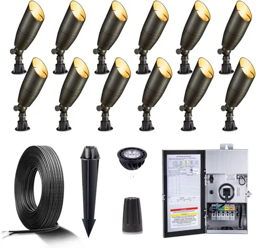 Miniatura 30 de Gardenreet Focos de paisaje de bajo voltaje - Luz superior LED de latón 12V para exterior, luces focales cableadas IP65 impermeables, enfoque