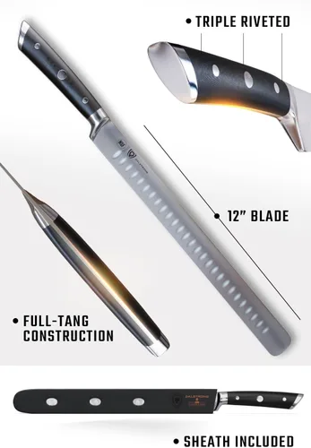 Miniatura 6 de DALSTRONG cuchillo de trinchar rebanador con filo Granton de 12 pulgadas, serie Gladiator, acero HC alemán sin funda Mango negro G10.