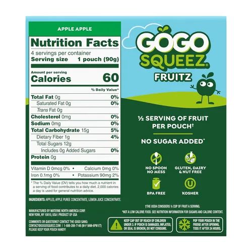 Miniatura 2 de GoGo squeeZ - Puré de manzana, sin gluten, vegano, puré de manzana sin azúcar, se puede volver a cerrar, bolsas sin BPA