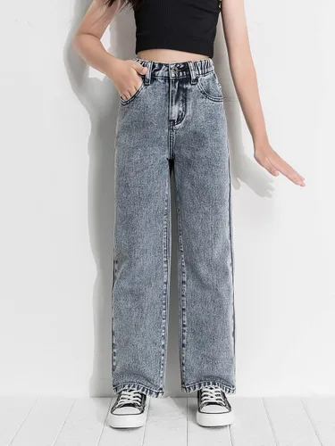 Miniatura 5 de Romwe Pantalones de mezclilla vintage de cintura alta y pierna recta para niña