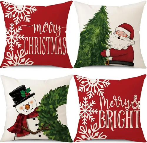 Miniatura 15 de PSDWETS Juego de 4 fundas de almohada de Navidad de 18 x 18 pulgadas, decoración de Navidad, muñeco de nieve, corona de Papá Noel, árbol de Navidad