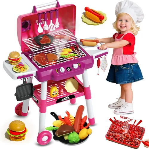 Miniatura 8 de Juego de Parrilla para Niños, Parrilla de Juguetes BBQ con Sonido de Humo, Luz y Rueda, Juguetes de Cocina de Simulación Movibles para Niños