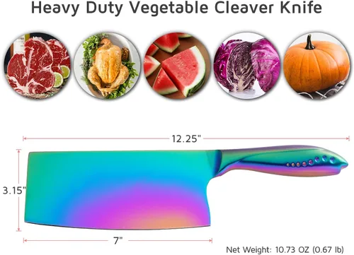 Miniatura 9 de WELLSTAR Cuchillo de carnicero para carne de arcoíris, cuchillo de carnicero chino iridiscente de 7 pulgadas, cuchillo de cocina alemán súper