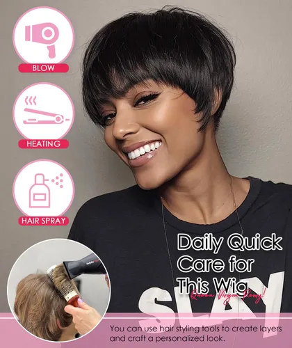 Miniatura 3 de QUEEN VIRGIN REMY QVR Pixie Cut Wig Human Hair Wigs with Bangs Short Wigs for Black Women Human Hair Different Style Pixie Wig for Daily Wear Black