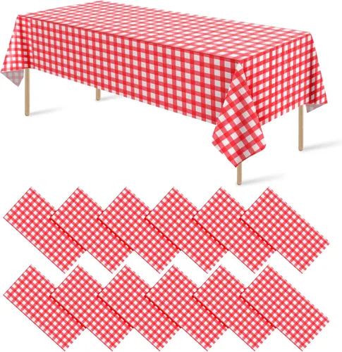 Miniatura 34 de Paquete de 12 manteles redondos de plástico rojo y blanco a cuadros desechables de alta calidad para fiestas, manteles redondos de fiesta