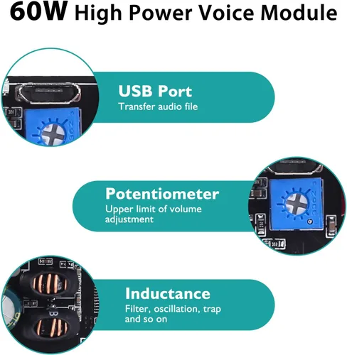 Miniatura 2 de Módulo de reproducción de voz de 60 W, PEMENOL DC 9-24 V reproductor de música de alta potencia MP3 amplificador de disparo 64 Mbit (8 MB)