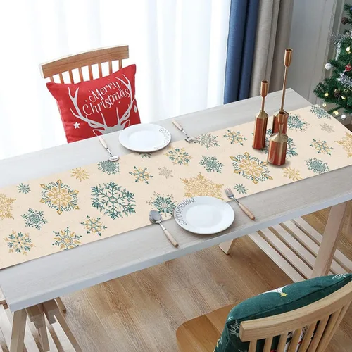 Miniatura 3 de Seliem Camino de Mesa de Copos de Nieve de Invierno, Bufanda de Mesa Dorada y Azul para Cocina y Hogar, Decoración Festiva de Navidad, Decoraciones