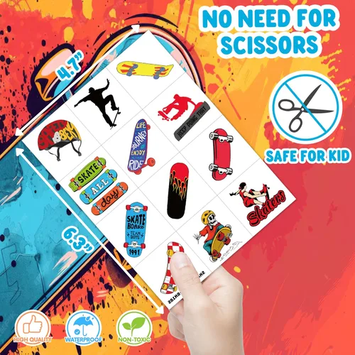 Miniatura 4 de 96 tatuajes temporales precortados para patineta, decoraciones de fiesta de cumpleaños con temática de patinaje, divertidas calcomanías para niños