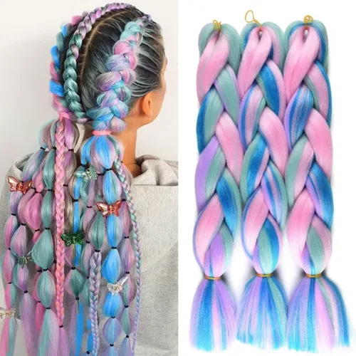Cabello trenzado jumbo para mujer, mezcla de extensiones de cabello de cuatro colores para trenzar, 24 pulgadas, colores arcoíris, fibra sintética