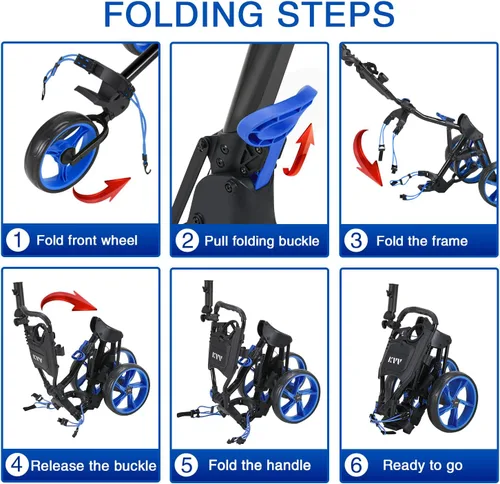 Miniatura 6 de KVV Carrito de empuje de golf de 3 ruedas ultra ligero tamaño plegable más pequeño, soporte para tarjeta de puntuación de nueva versión Negro/Azul