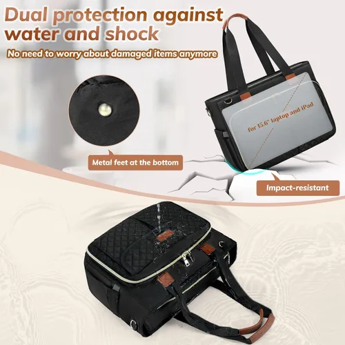 Miniatura 5 de Bolso de lona para laptop RAINSMORE para profesoras, bolsas de trabajo para mujer, bolso de 15.6 pulgadas con gran portavasos para enfermeras, bolso