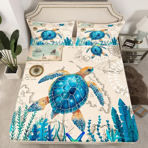 Miniatura 10 de Erosebridal Sábanas de cama de sirena azul para niñas, bonita sábana bajera ajustable de unicornio, 2 piezas, ropa de cama de arcoíris femenino