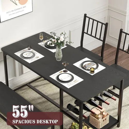 Miniatura 6 de 4 EVER WINNER Juego de mesa de comedor negra para 4 personas con banco, juego de mesa de cocina y sillas de 55 pulgadas con estante para vino